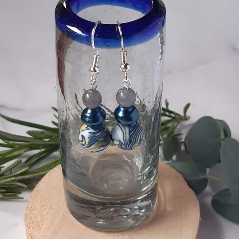 Handmade dangly polymer clay earrings in navy, white and yellow