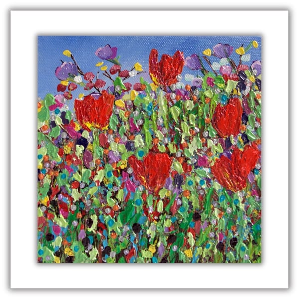 Small framed impasto flower painting - red poppies - acrylics - garden