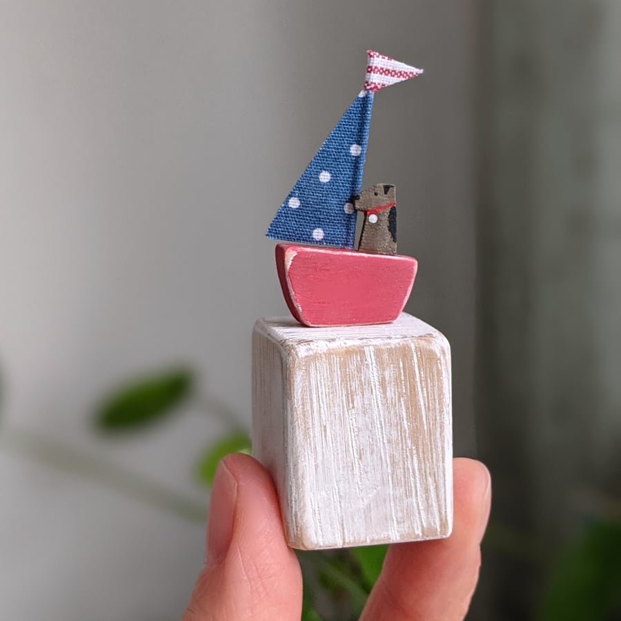 Tiny Wooden Coastal Decor, Dark Blue Dotty Sail and Red Boat