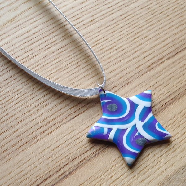 Funky Blue Star FIMO Polymer Clay Pendant