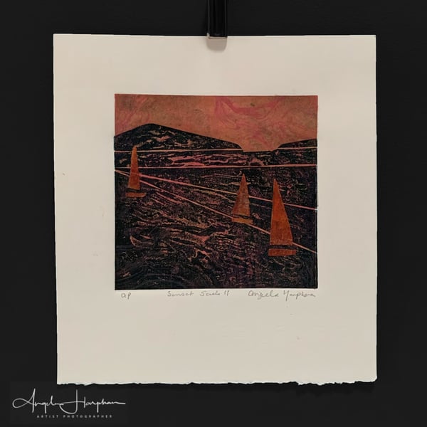 Lino Print - Chine Colle & Collage -Yachts - Sunset Sails II