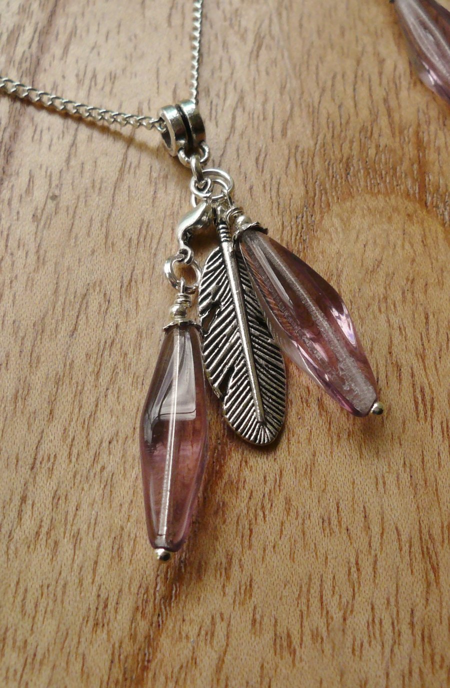 Lavender Purple and Silver Feather Cluster Necklace and Earrings Set  KCJ986