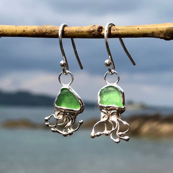 Bright Green Sea Glass and Sterling Silver Jelly Fish Earrings - 1044