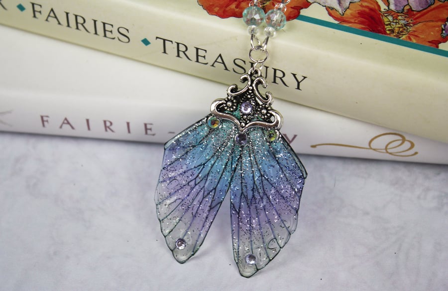 Enchanting Fancy Evening Sky Purple Blue Cicada Fairy Wing Butterfly Necklace 