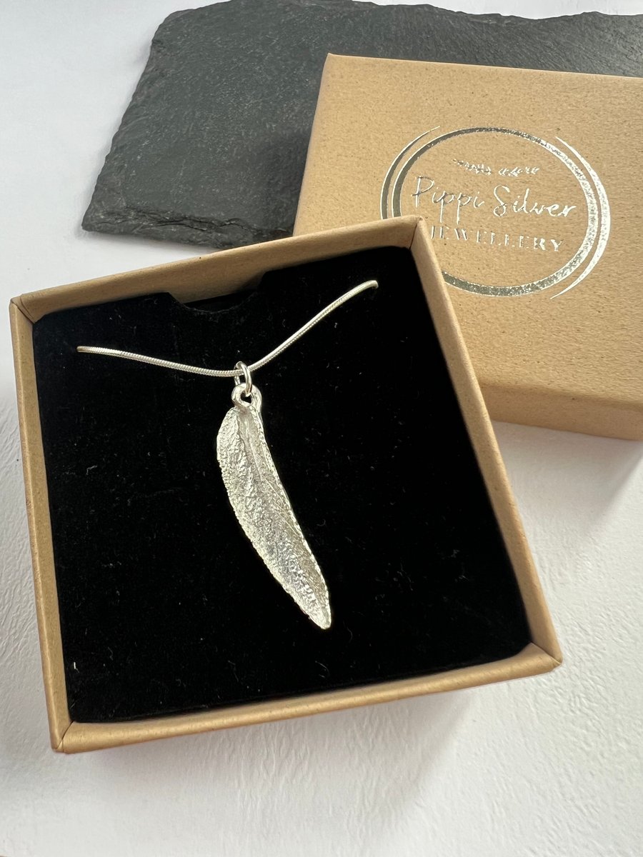 Silver sage leaf pendant necklace