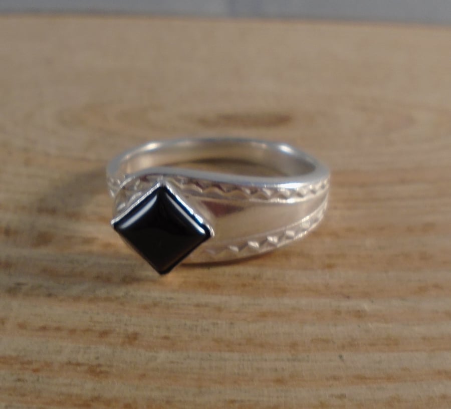 Sterling Silver Upcycled Zig Zag Spoon Handle Ring with Square Onyx Cabochon