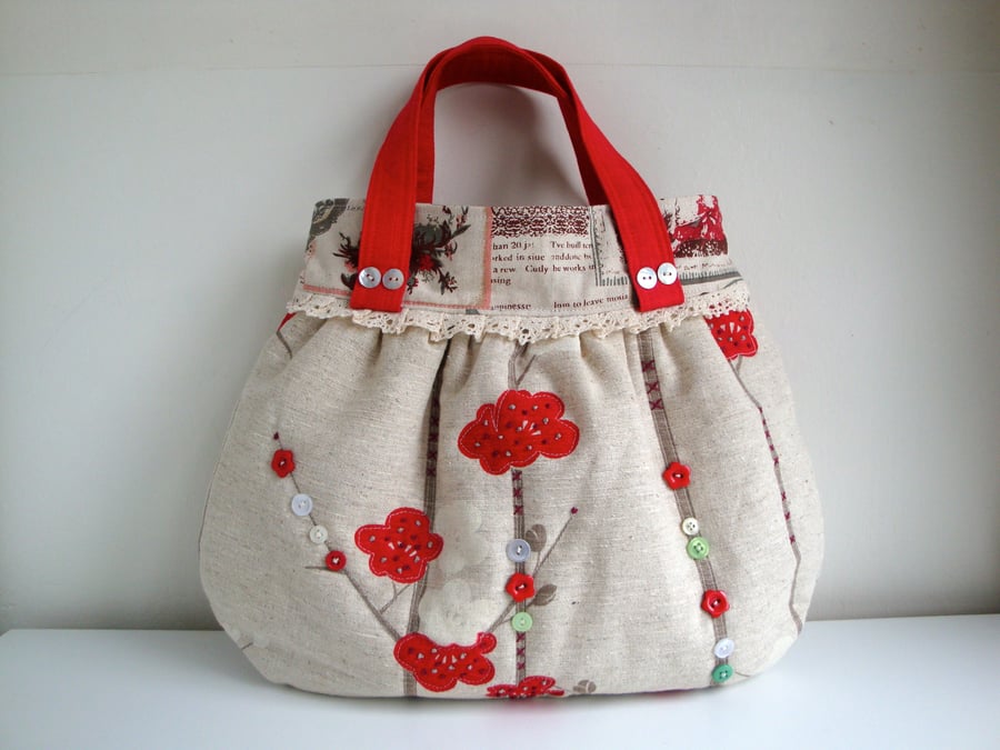 SALE Handmade Cotton  Quilted Handbag - Hand embroidered