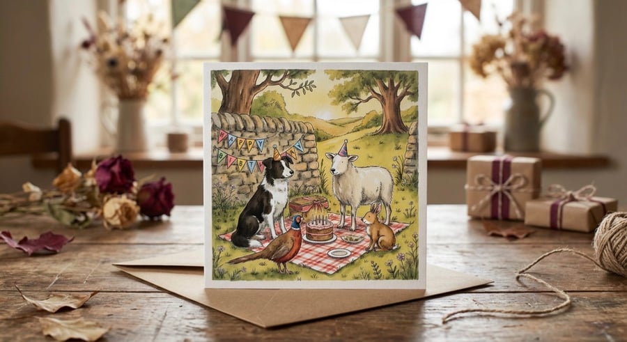 Image of Hand Illustrated Farm Animal Birthday Card, 5x5 Greeting Card
