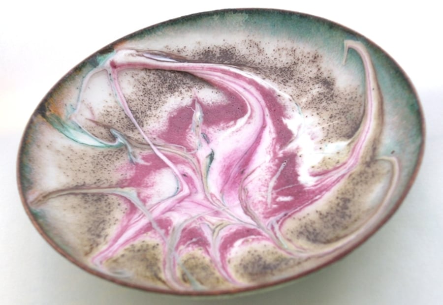 Scrolled enamel bowl - rose and brown