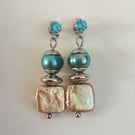 Blue oval & golden square cultured pearl dangle earrings, cubic zirconia stud