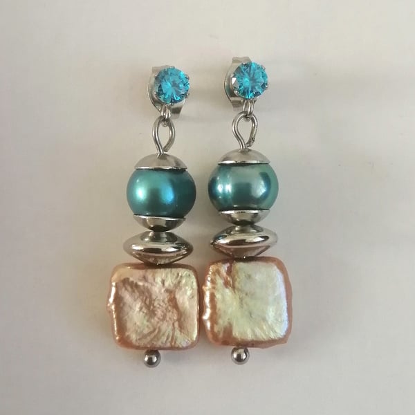 Blue oval & golden square cultured pearl dangle earrings, cubic zirconia stud