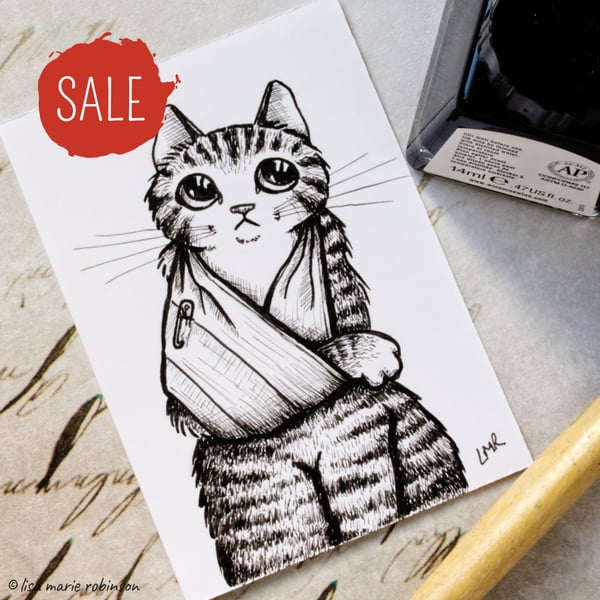 SALE - Sad Tabby Cat Wearing a Sling - Inktober 2019 - Day 19 - Ink Drawing