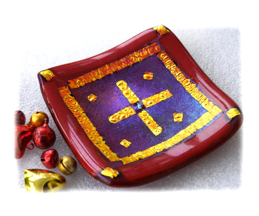 Fused Glass Trinket Dish 8.5cm Deep Red Gold Bordered Dichroic 028