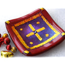 Fused Glass Trinket Dish 8.5cm Deep Red Gold Bordered Dichroic 028