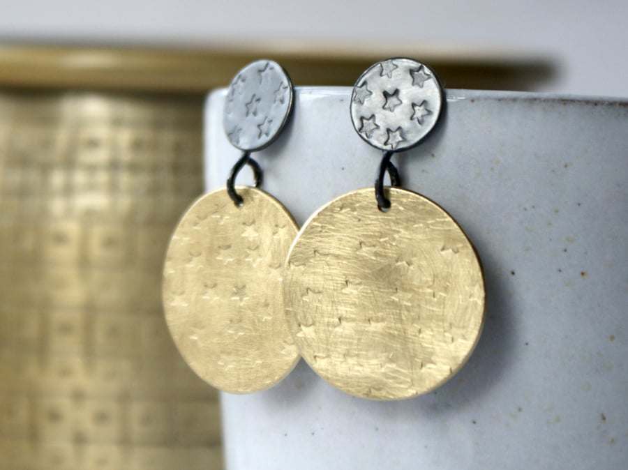 Brass star circle drop earrings