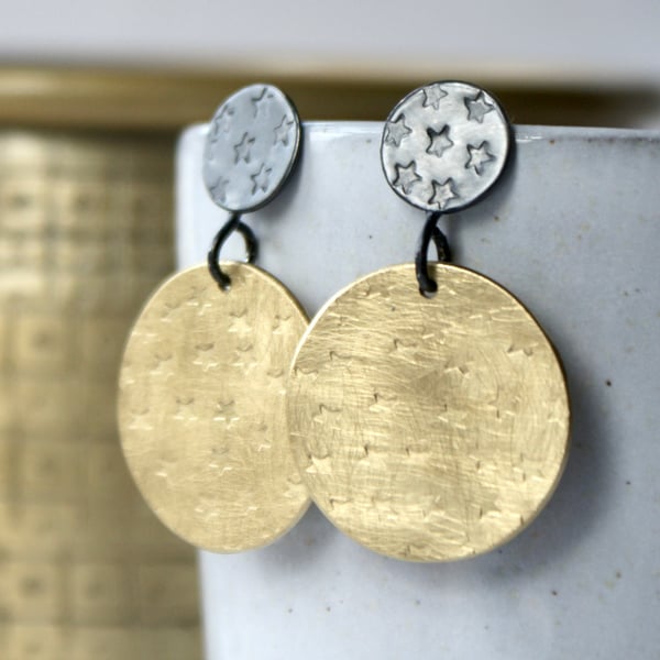 Brass star circle drop earrings