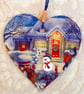 Christmas Decoration Ornament: Decoupaged Wooden Heart 15cm (6") Garden Scene