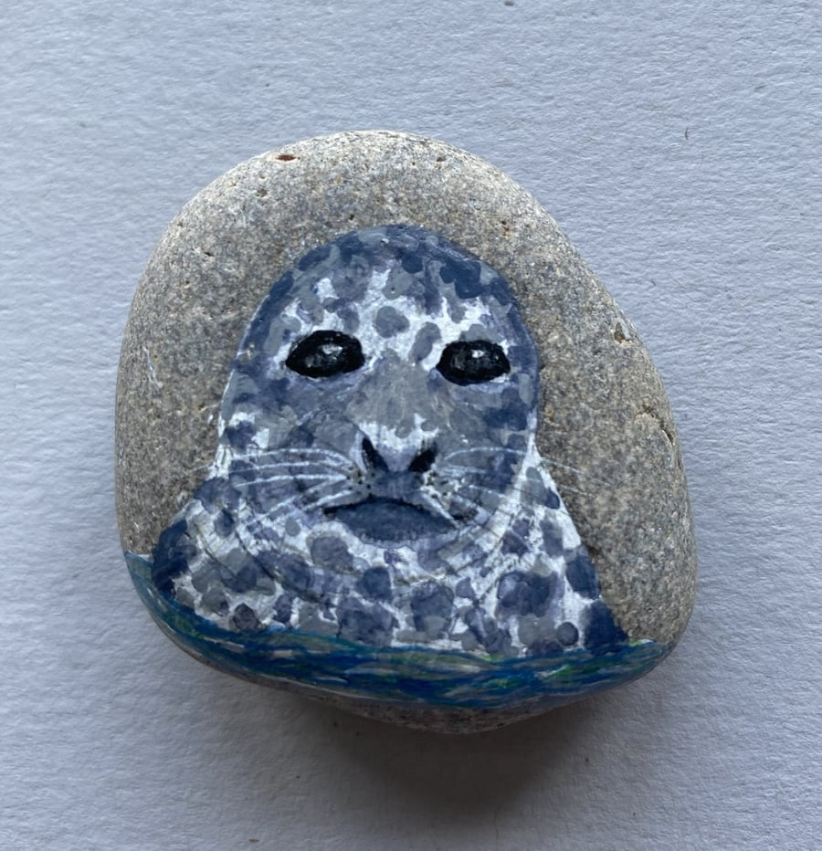 Swimming seal hand painted pebble