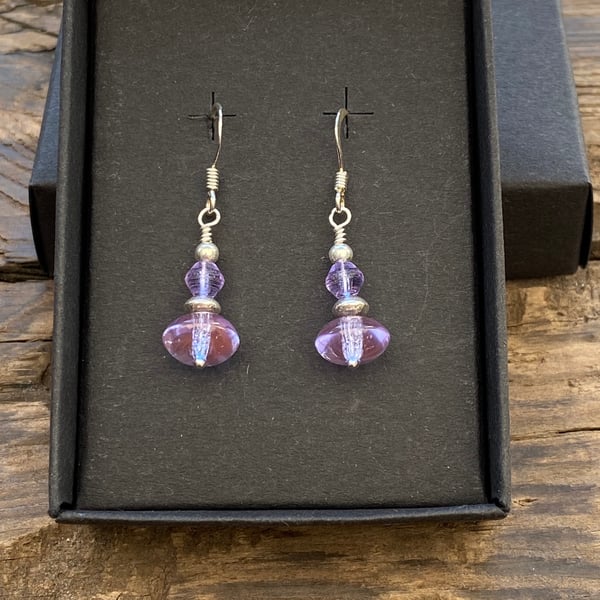 Lilac and sterling silver beaded drop earrings. 