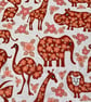 Retro Safari Zoo Animals Elephant Giraffe Hippo Pink Red 60s 70s Vintage Fabric