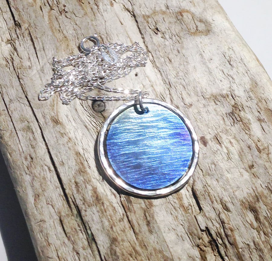 Sterling Silver and Titanium 'Sea View' Disc Pendant Necklace (3) - UK Free Post