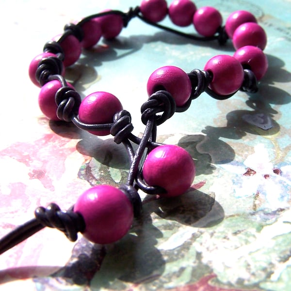 Pink Bracelet, Leather Knotted Pink Wood Beads, Boho On Trend