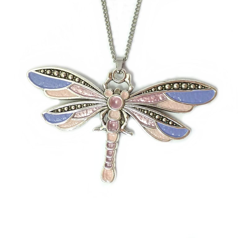 Lilac and pink dragonfly pendant, handpainted necklace for women