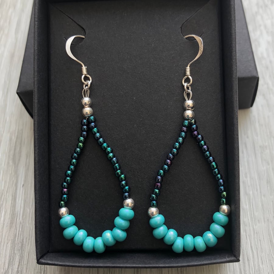 SALE.. Turquoise beaded drop earrings. Sterling silver.