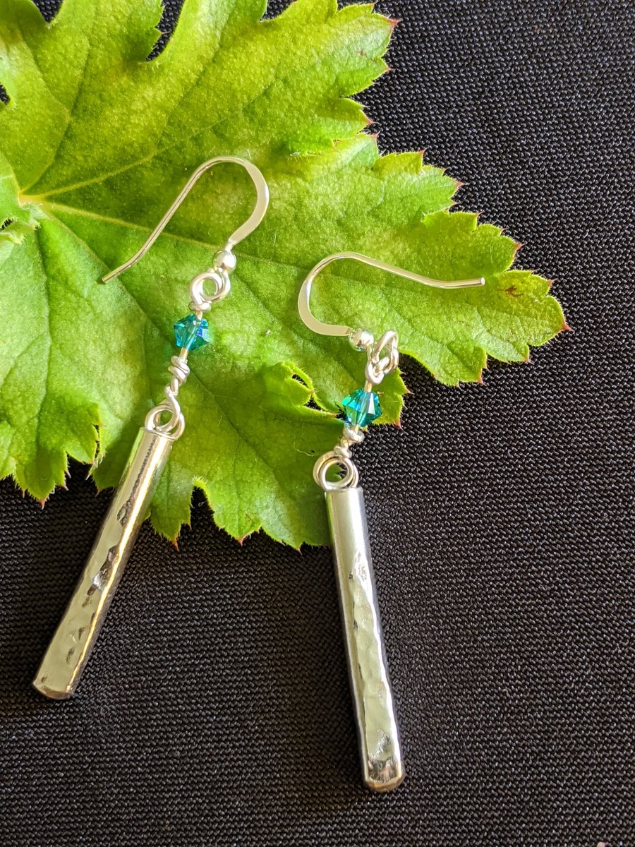 blue swarovski and hammered silver drop earrings on silver hooks