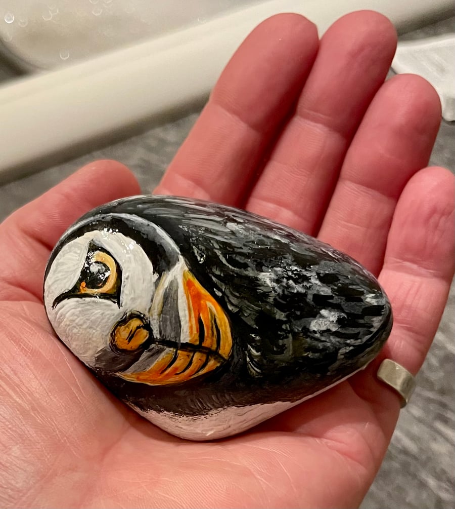 Puffin painted pebble wildlife rock painting 