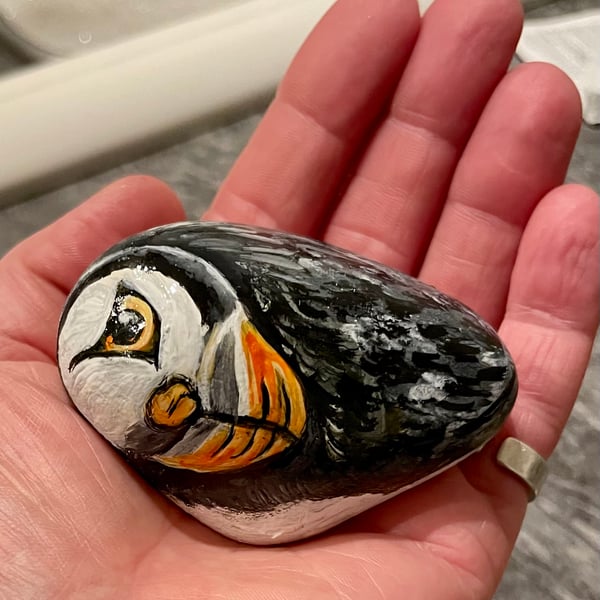 Puffin painted pebble wildlife rock painting 