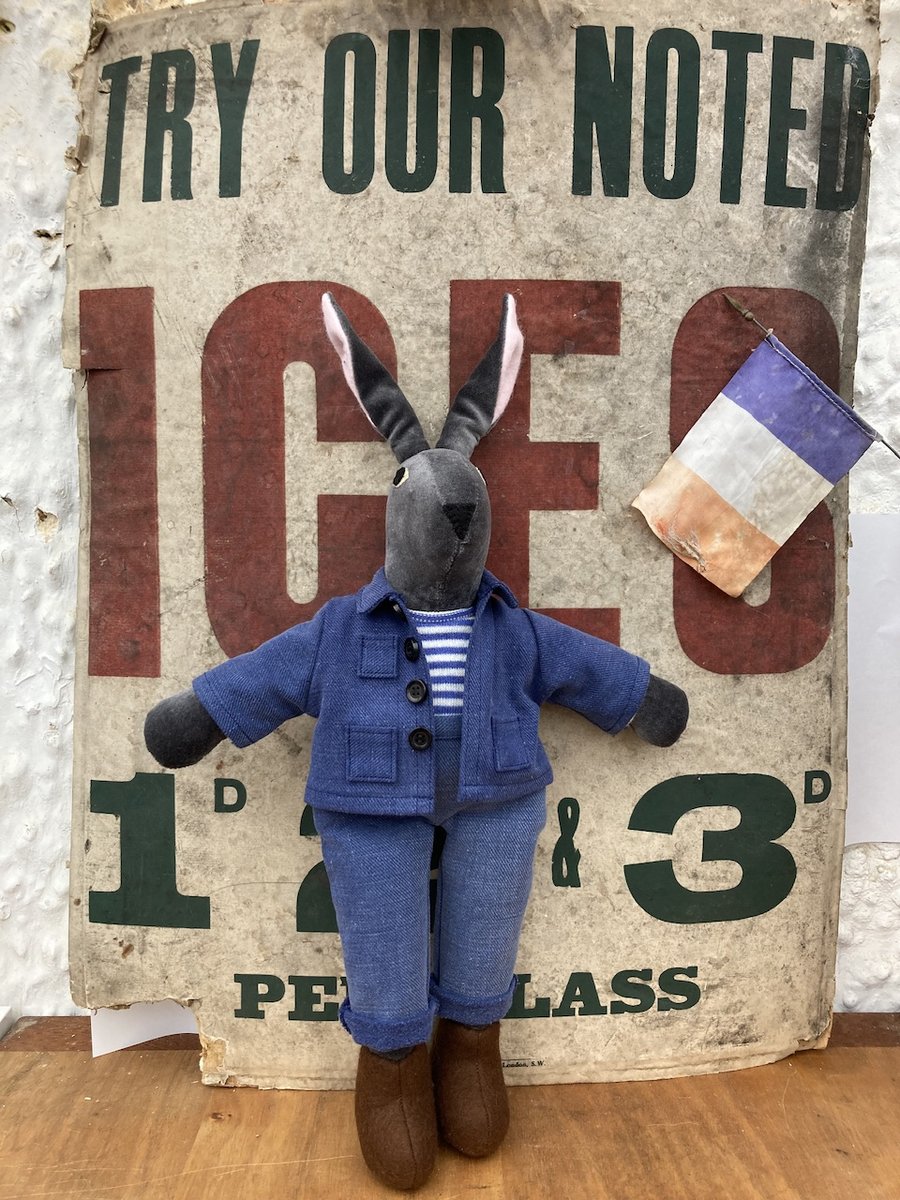 Frenchie the Grey Velvet Rabbit Doll wearing Vintage French Workwear