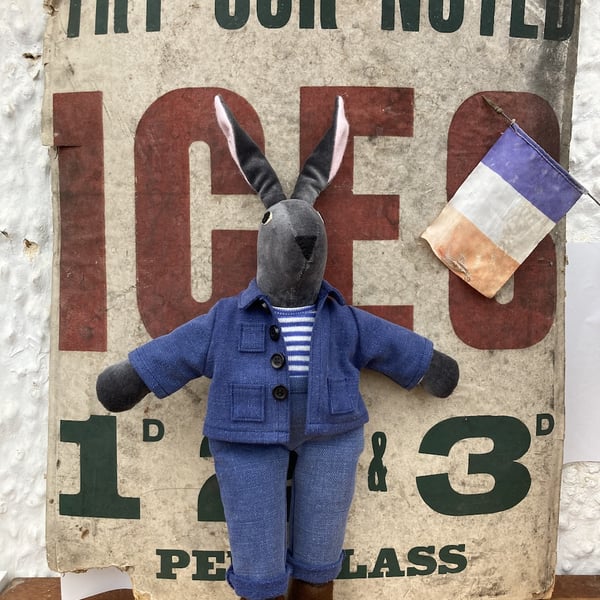 Frenchie the Grey Velvet Rabbit Doll wearing Vintage French Workwear