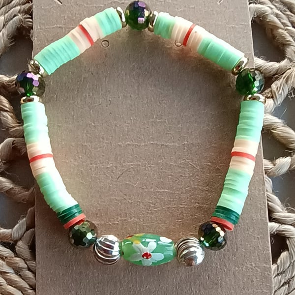 "Spring" - Stretchy bead and polymer clay fashion bracelet 