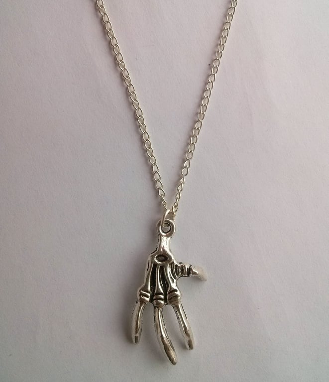 Silver Plate Skeleton Claw Alien Hand Gothic Necklace