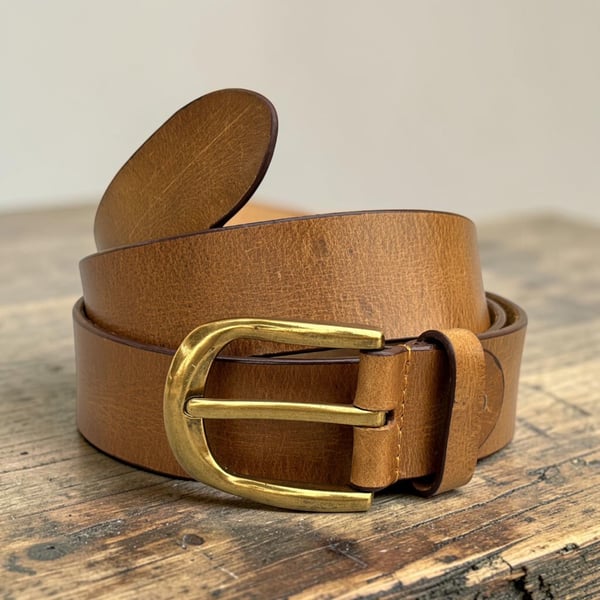 Genuine Full-Grain Tan Leather Belt with solid brass golden buckle 1.5 inches