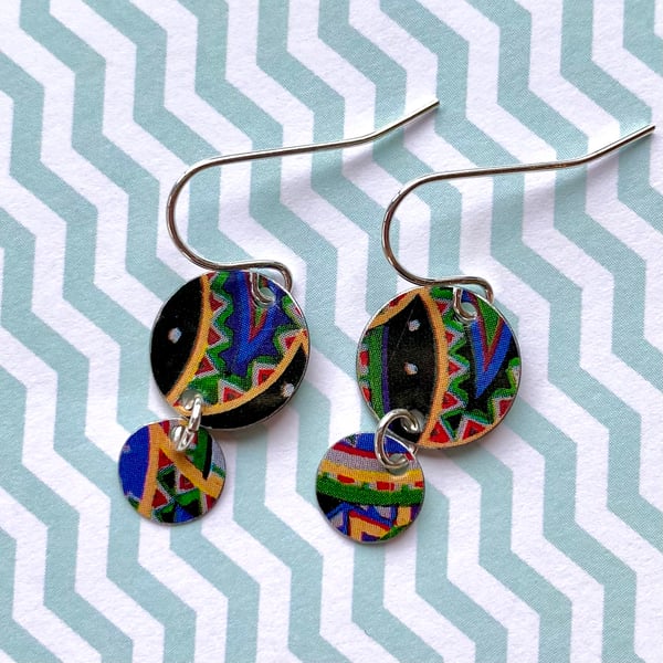 Vintage tin multicoloured patterned drop earrings