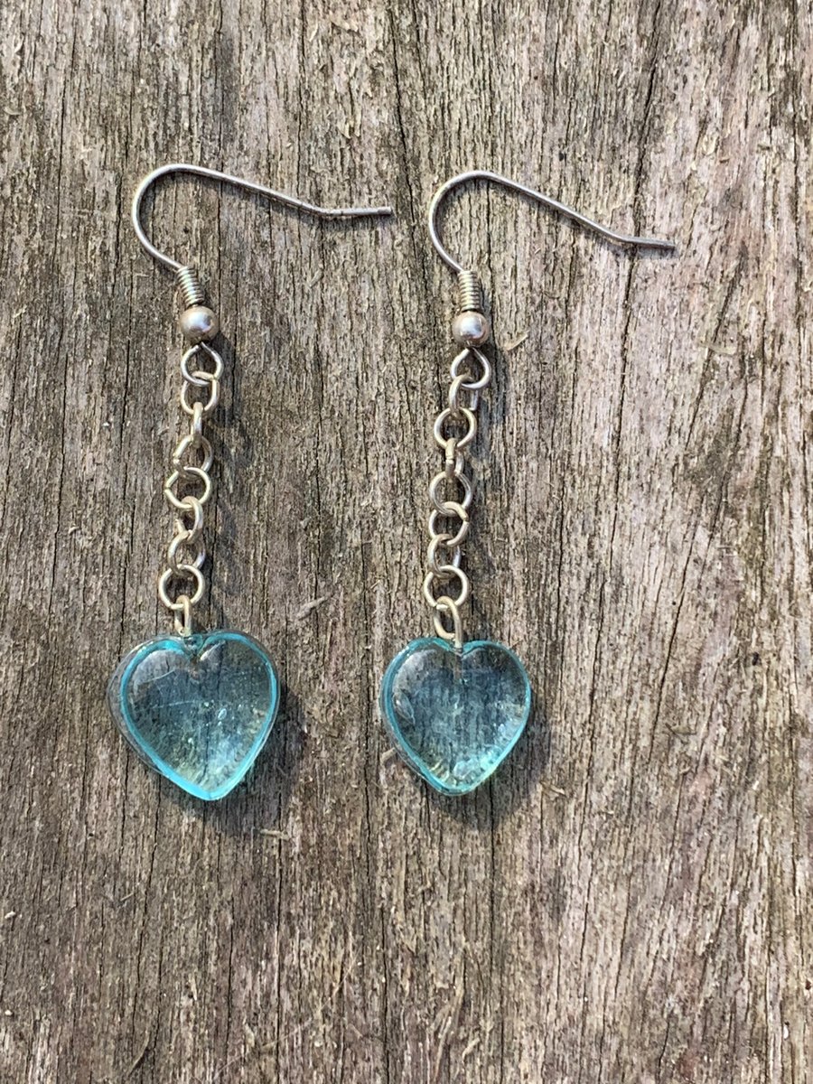 Light blue glass heart dangle earrings
