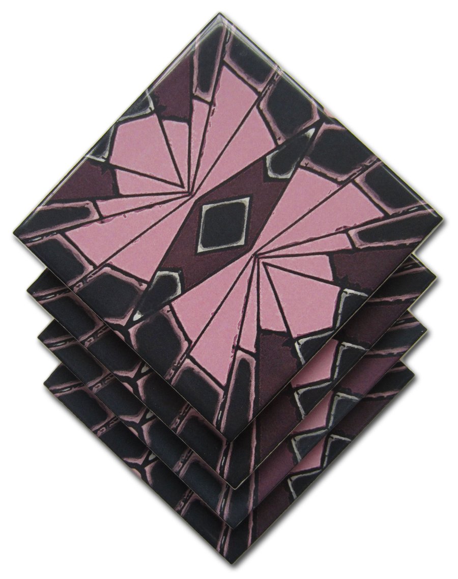 4 x Pink and Black Geometric Pattern Ceramic Coasters with Cork Backing