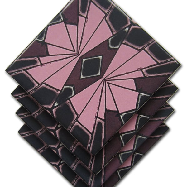 4 x Pink and Black Geometric Pattern Ceramic Coasters with Cork Backing