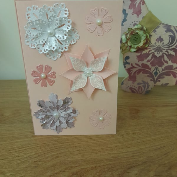 PINK, SILVER AND PEARL FLORAL GREETINGS CARD