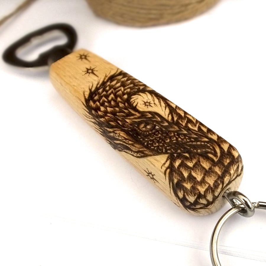 Twilight dragon pyrography wooden bottle opener. Wood anniversary Gift.