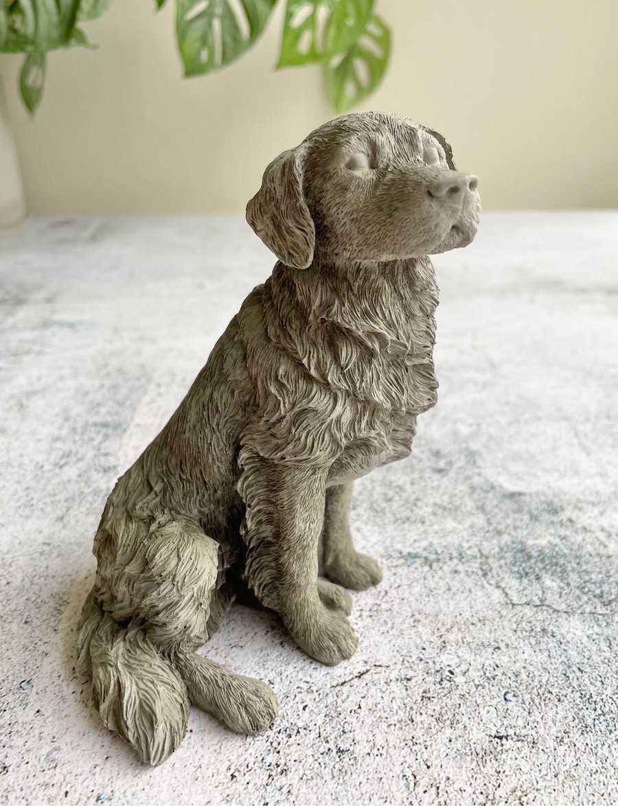 Concrete golden retriever statue,dog memorial,pet loss,grave marker,stone statue