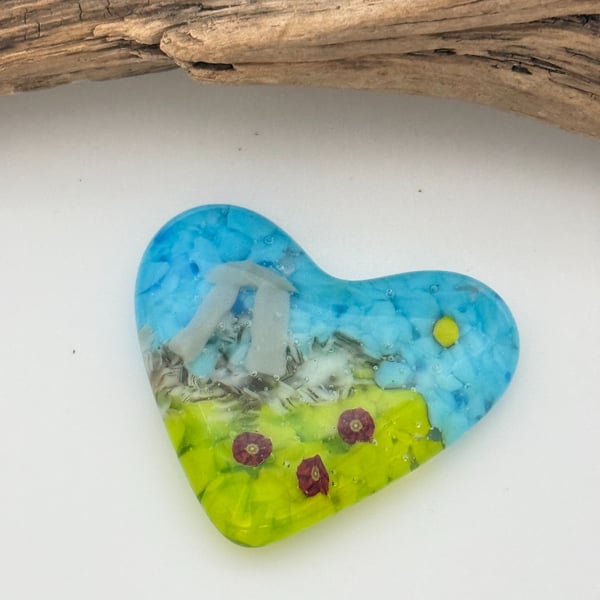 Standing Stones and Red Flowers Fused Glass Heart