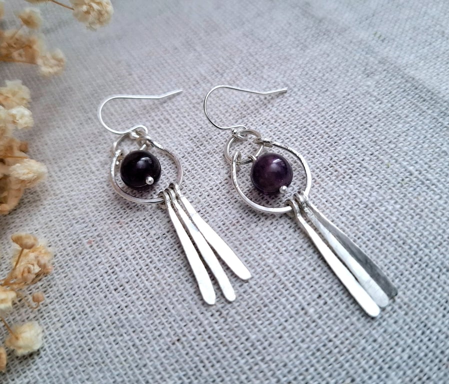 Fringe Dangle Earrings With Purple Amethyst, Sterling Silver Hammered jewellery