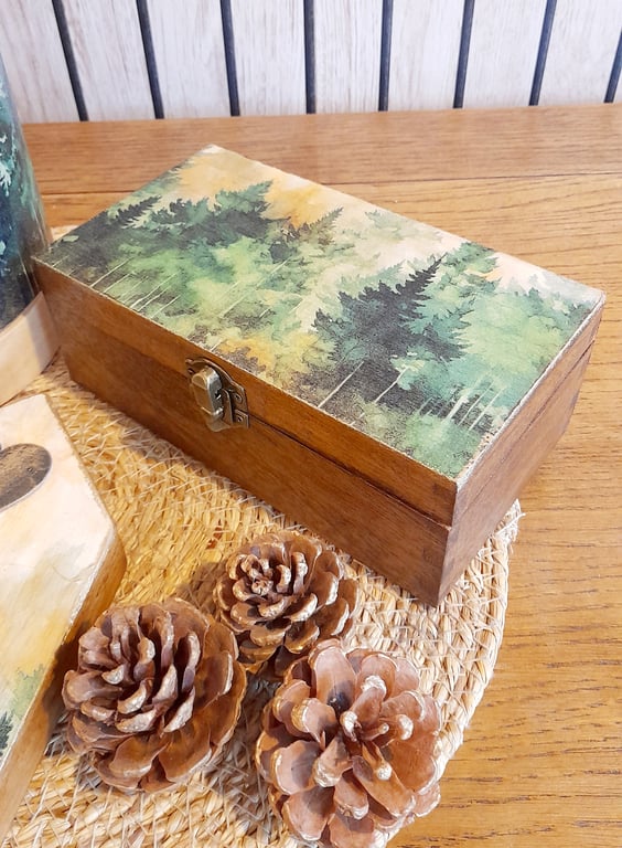 Wooden Trinket Box Forest Woodland Scene