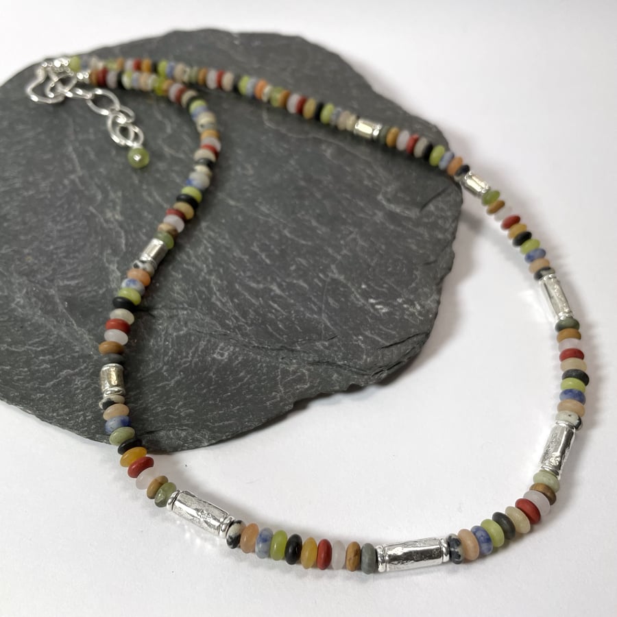 Sterling silver and colourful multi gemstone bead necklace