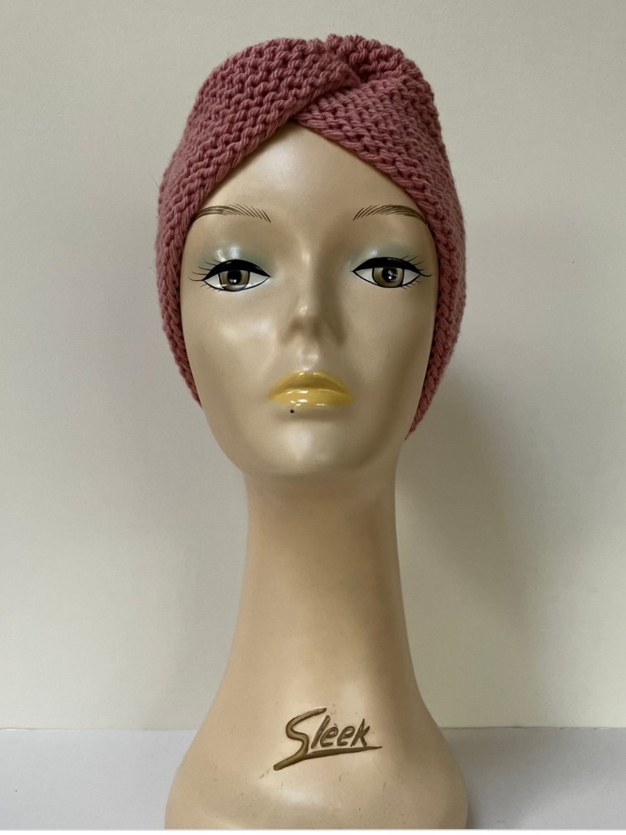 Pink wool hand knit twist chunky headband 