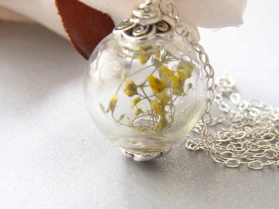 Real Flower Botanical Necklace Handblown Glass Globe - Sunshine - Bridal Jewelry