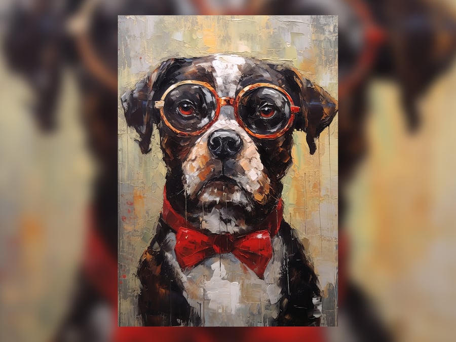 Bulldog in Glasses and a Red Bowtie, Oil Painting Print, Quirky Pet Art, 5x7